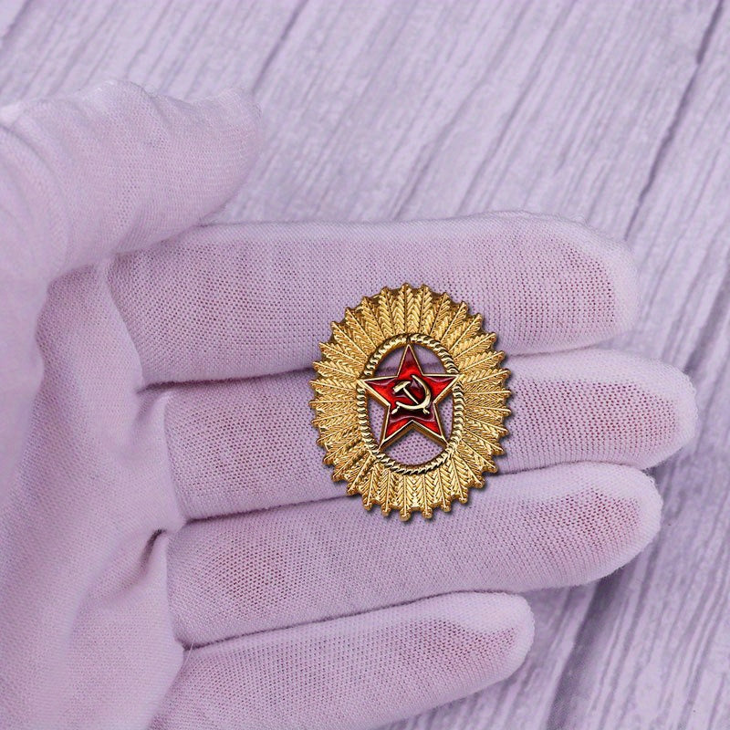 Gold Tone Soviet Red Star Hammer & Sickle Brooch - USSR Heritage Cap Badge Replica