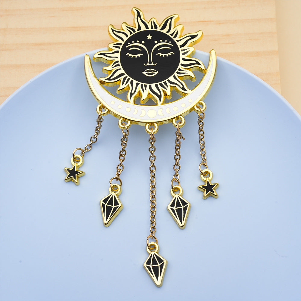 Vintage Sun & Moon Tassel Brooch - Celestial Crystal Dangle Collectible Pin