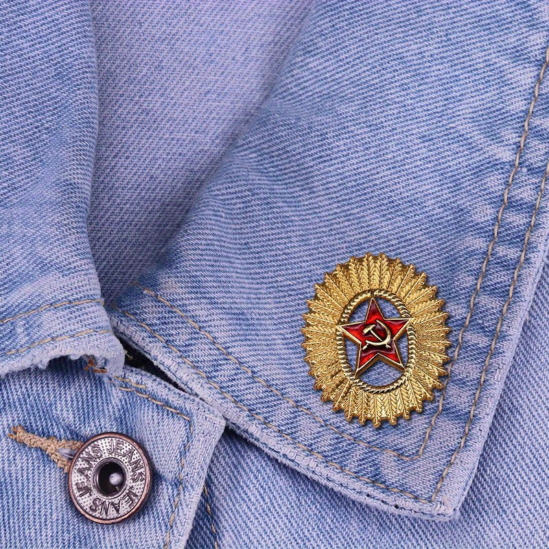 Gold Tone Soviet Red Star Hammer & Sickle Brooch - USSR Heritage Cap Badge Replica