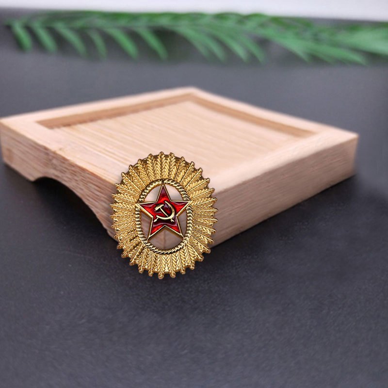 Gold Tone Soviet Red Star Hammer & Sickle Brooch - USSR Heritage Cap Badge Replica