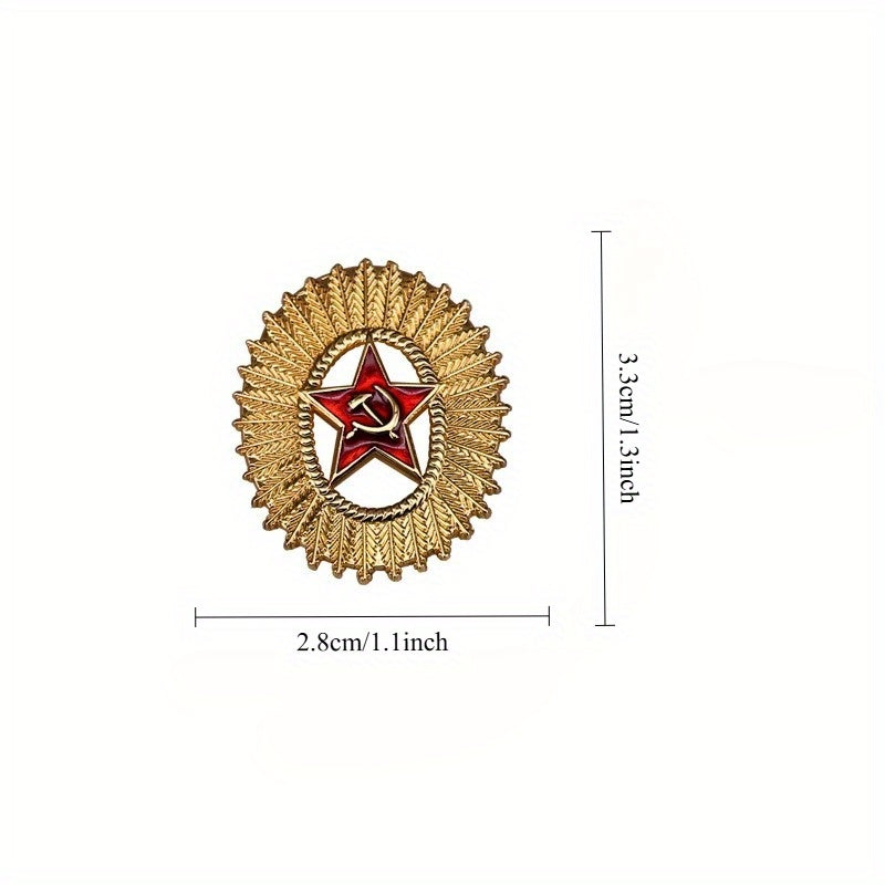 Gold Tone Soviet Red Star Hammer & Sickle Brooch - USSR Heritage Cap Badge Replica
