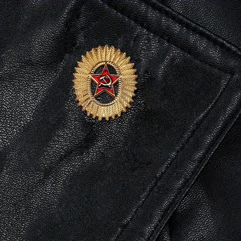 Gold Tone Soviet Red Star Hammer & Sickle Brooch - USSR Heritage Cap Badge Replica