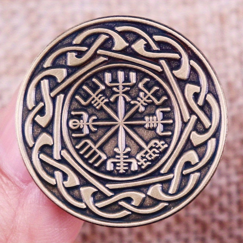 Vintage Viking Vegvísir Compass Brooch - Norse Protection Symbol Collectible Pin