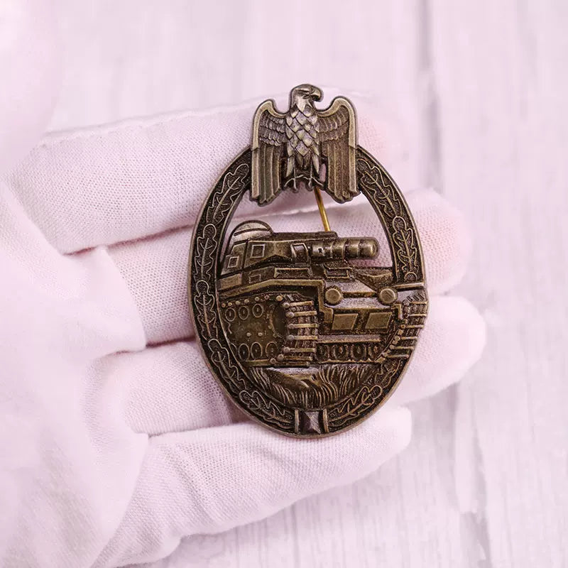 Antique Bronze German Tank Assault Badge Brooch - Panzer Troops Military Heritage Pin