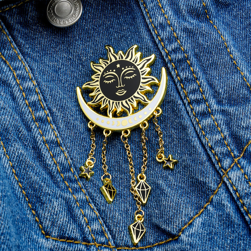 Vintage Sun & Moon Tassel Brooch - Celestial Crystal Dangle Collectible Pin