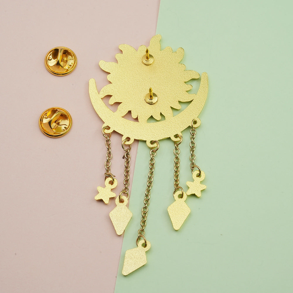 Vintage Sun & Moon Tassel Brooch - Celestial Crystal Dangle Collectible Pin