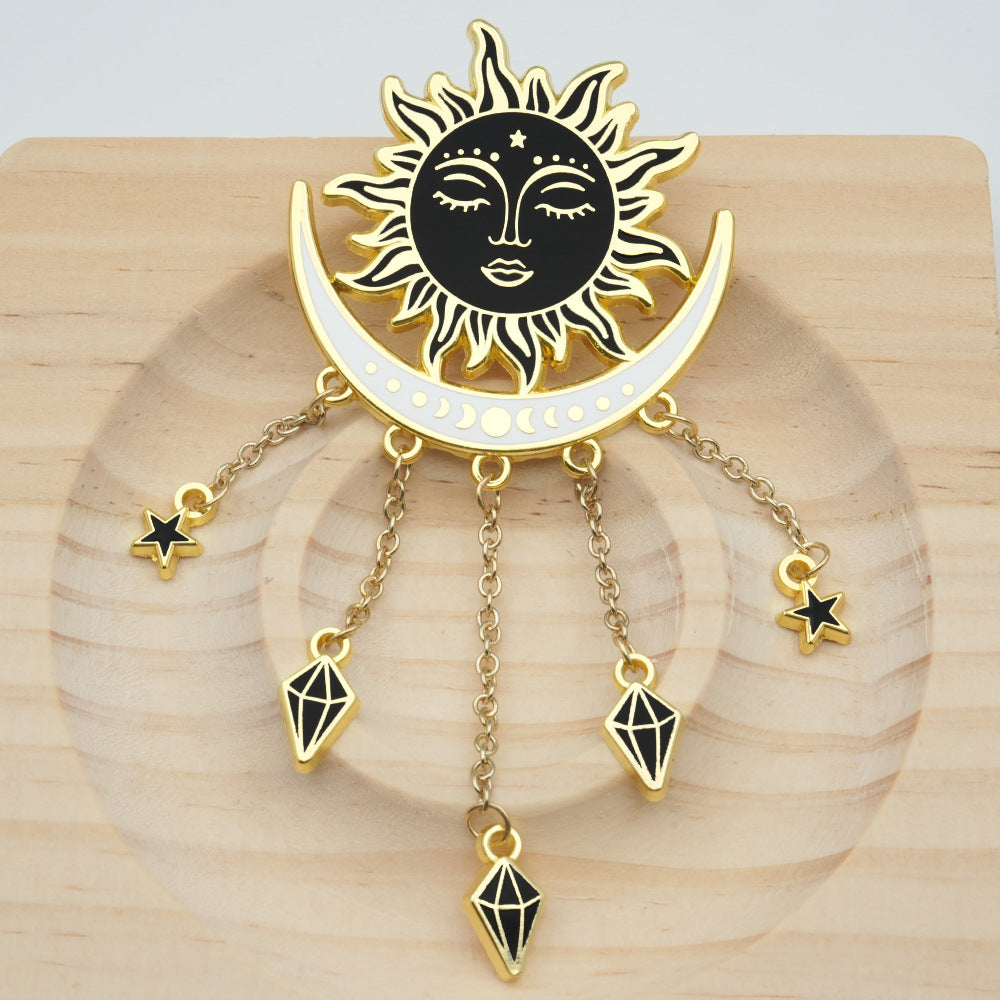 Vintage Sun & Moon Tassel Brooch - Celestial Crystal Dangle Collectible Pin