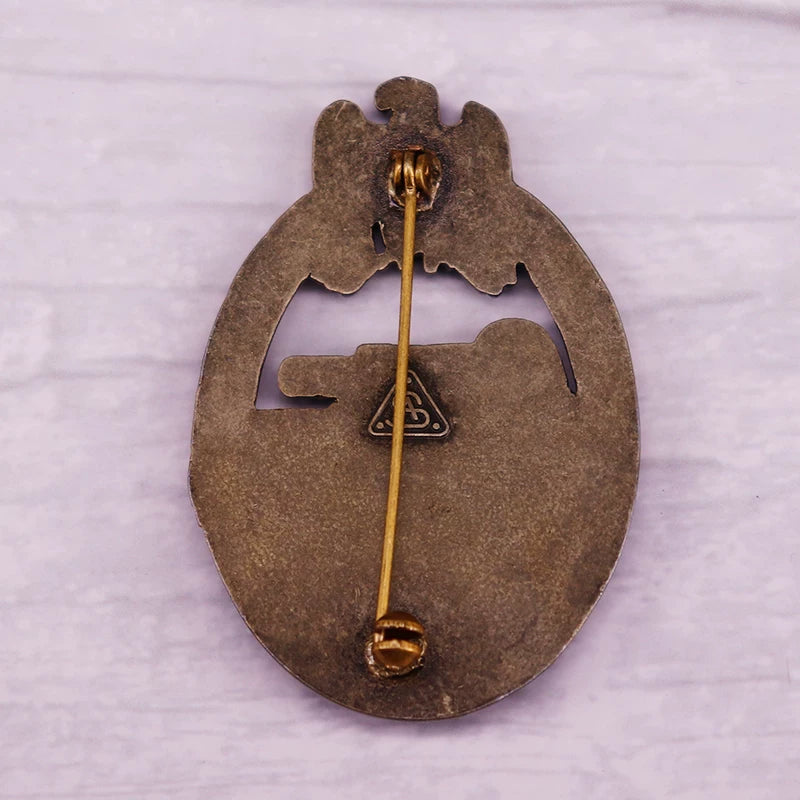 Antique Bronze German Tank Assault Badge Brooch - Panzer Troops Military Heritage Pin