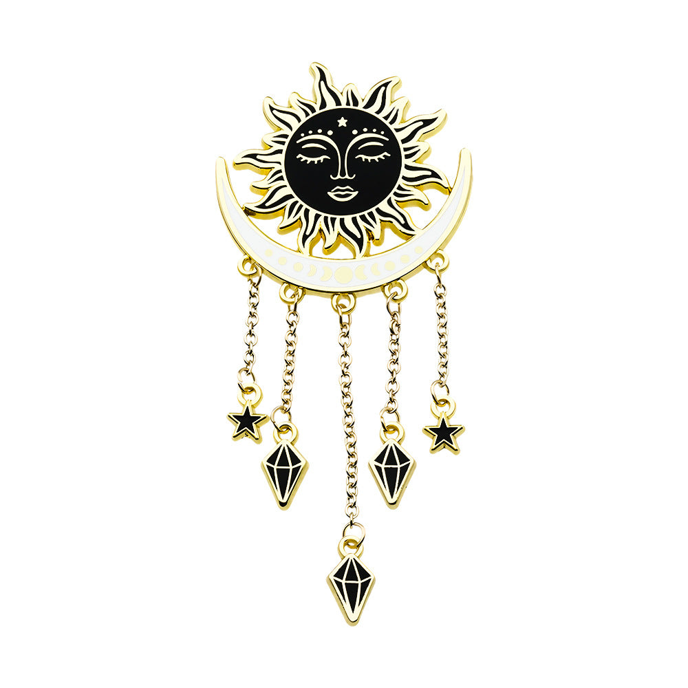 Vintage Sun & Moon Tassel Brooch - Celestial Crystal Dangle Collectible Pin