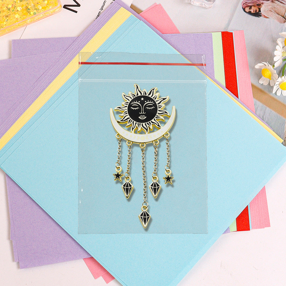 Vintage Sun & Moon Tassel Brooch - Celestial Crystal Dangle Collectible Pin