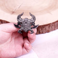 Viking Warrior Skull & Axes Brooch - Norse Horned Helmet Antique Silver Jewelry